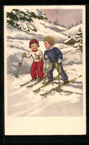 Zwei kinder fahren ski - zwei,